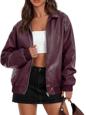 Merokeety Oversized Faux Leather Burgundy Zip Up Vintage Motorcycle Jacket